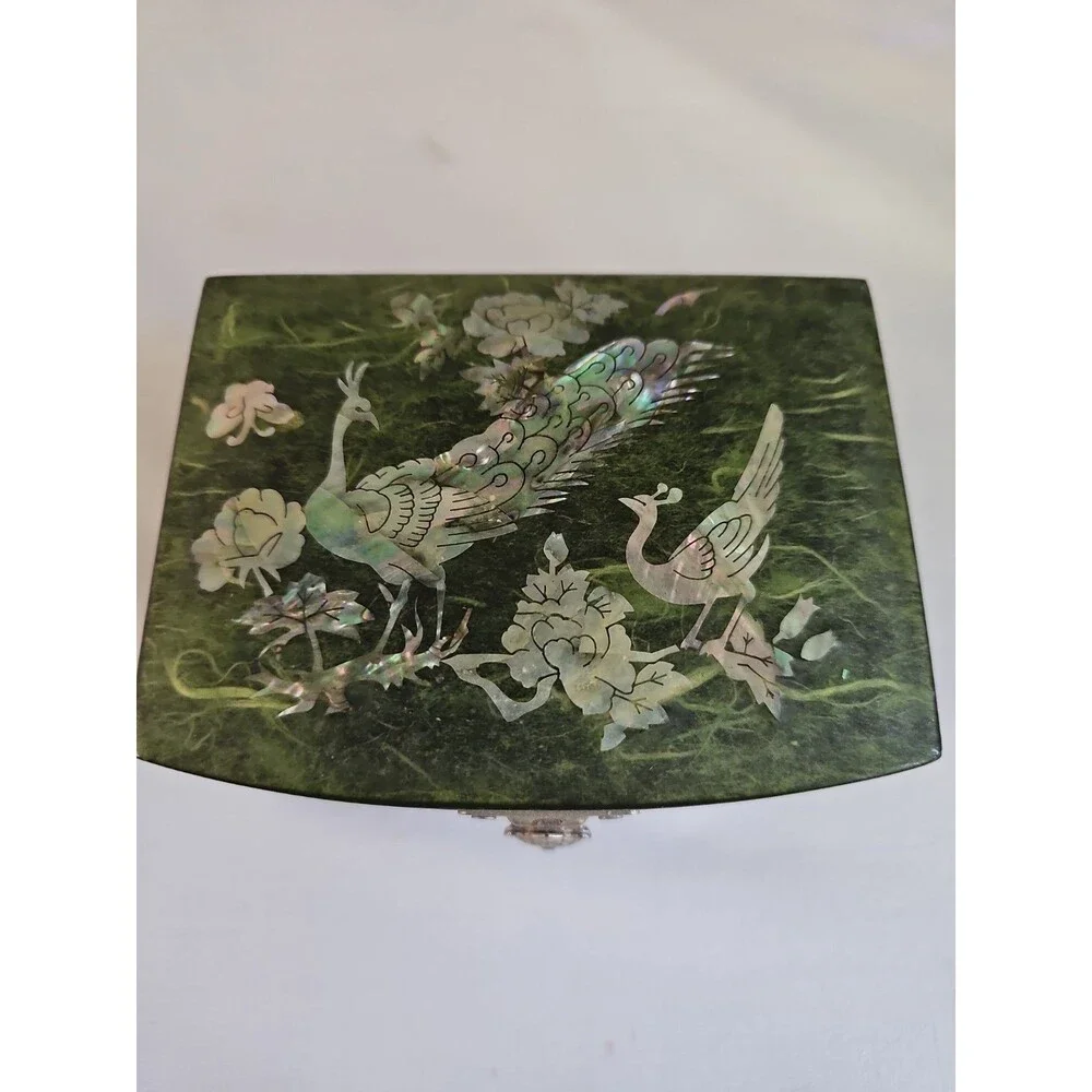 Vintage Korean Mother Of Pearl Lacquer Jewelry Box Peacock and Flower Inlay